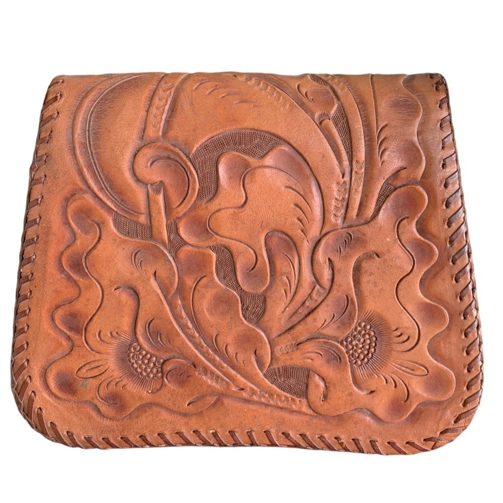 Vintage Tooled Leather Handbag Purse 70s 80s Western Boho